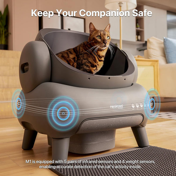 Top-opening self-cleaning cat litter box with app-controlled functionality, featuring an odor-free waste disposal system that includes trash bags.